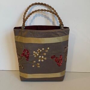 Embroidered Taupe Small Handbag Purse Evening Bag Flowers Beaded Handles